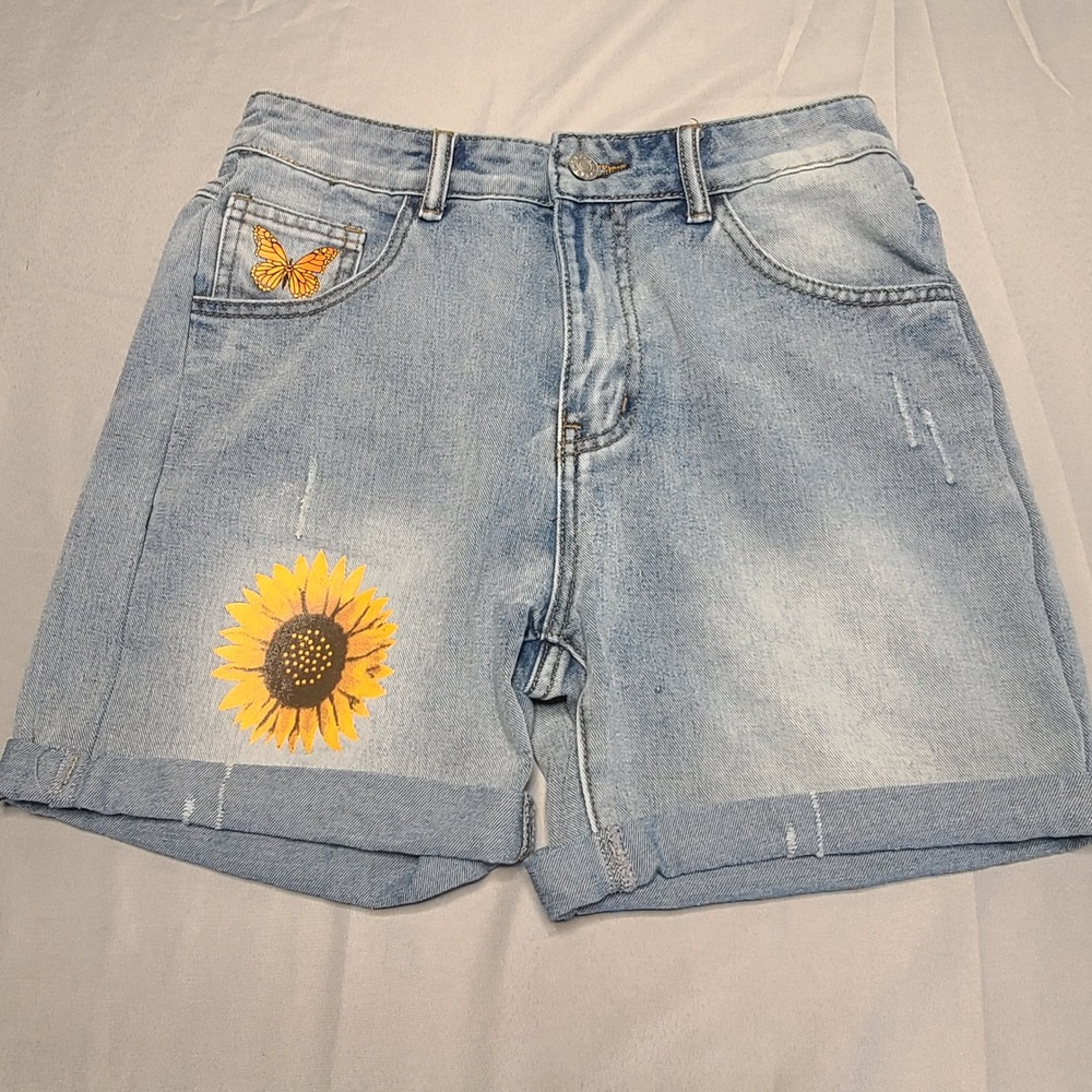Misslook Denim Shorts Womens S Light Blue Sunflower Butterfly High Waist Cuffed